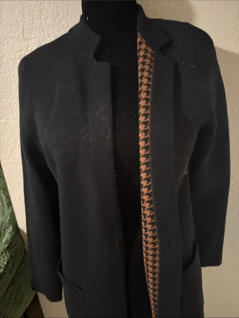 Halston Heritage Black Open-Front Coat with Tan Houndstooth Trim